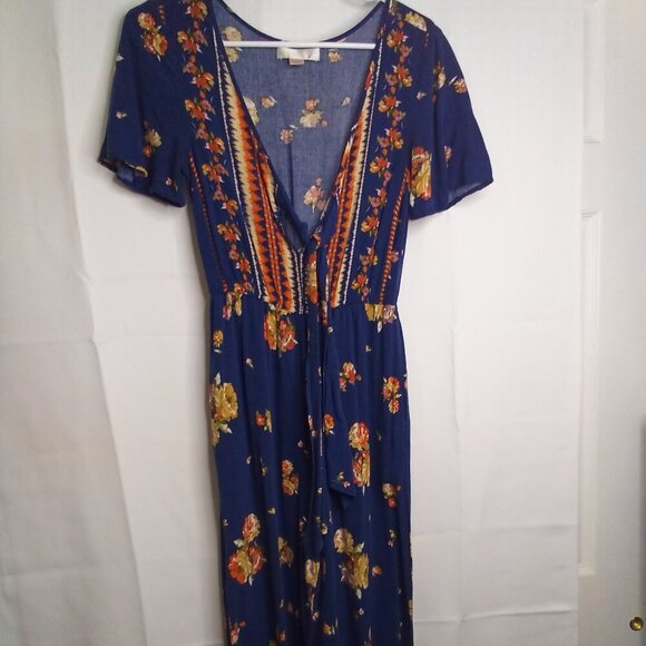Band Of Gypsies Romper Jumpsuit Women S Short Sleeve Pants Boho Floral Blue - Picture 1 of 15